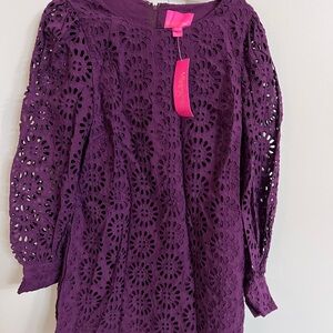 Lilly Pulitzer Aisha Romper Eyelet Cotton Cherry Ganache Long Sleeve